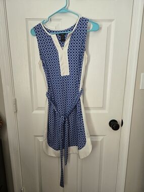 Ann Taylor Blue and White Sleeveless Tie-Waist Mini Dress